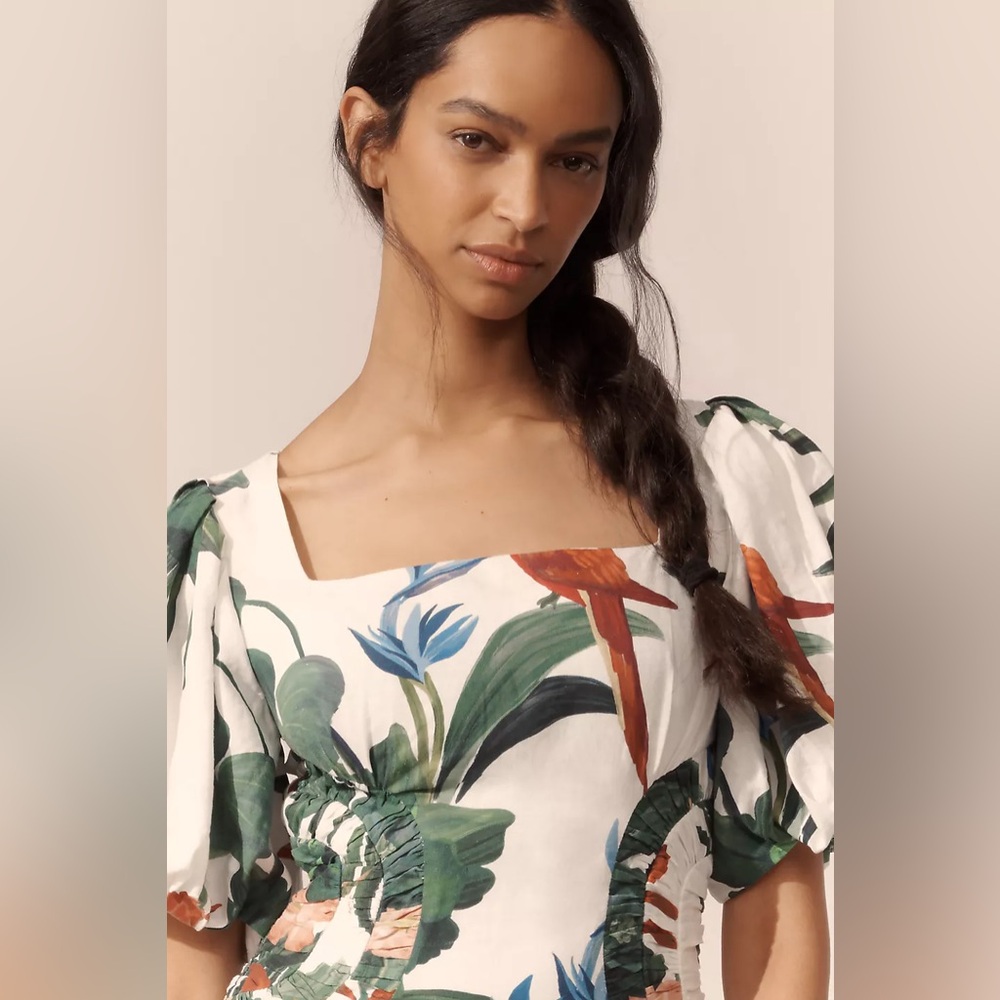 NWT Farm Rio Midnight Macaw Fiesta Linen Blend Puff-Sleeve Midi Dress Size M - Picture 3 of 12